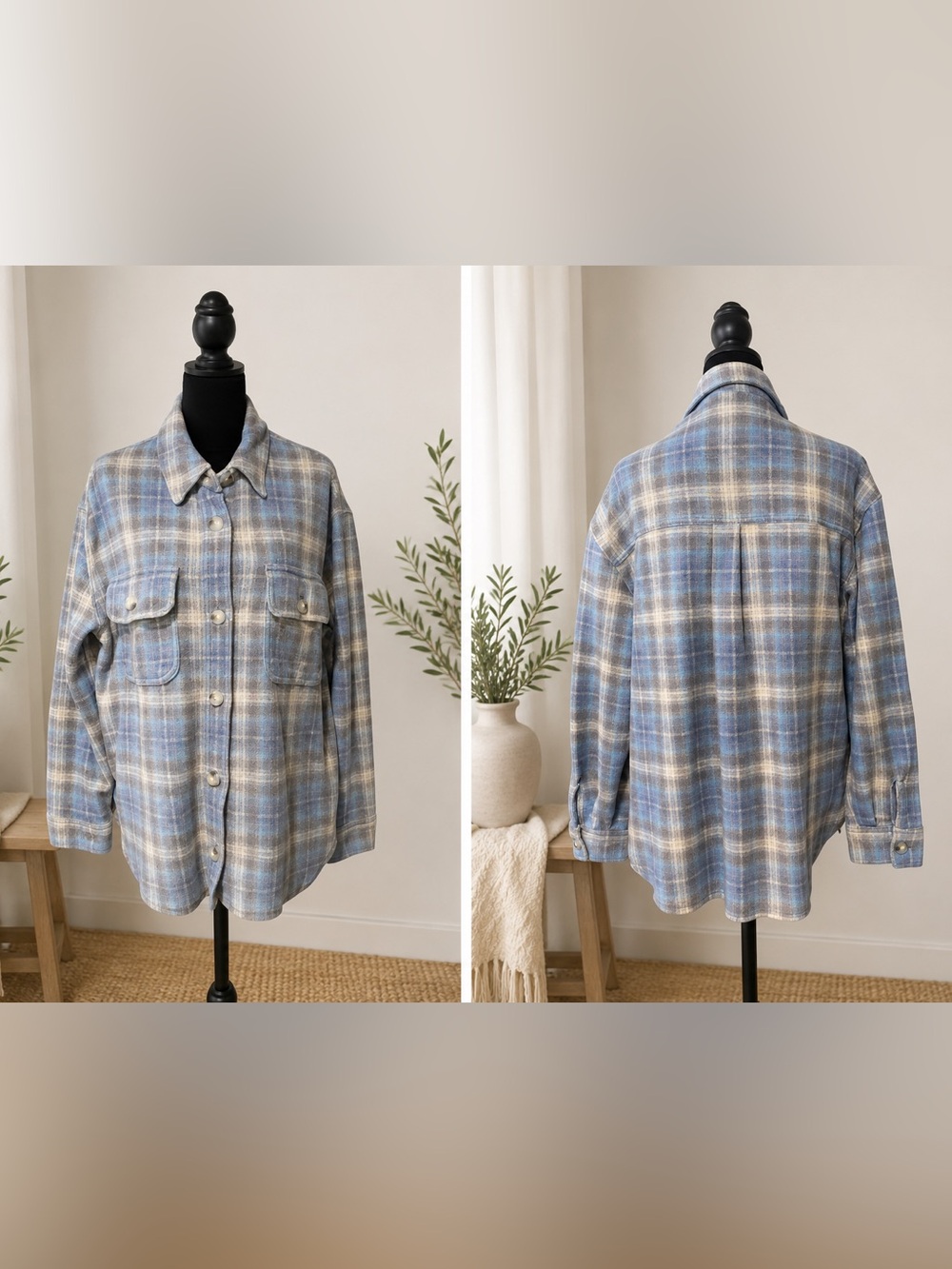 Blue Plaid Button Front Shacket Jacket Overshirt | Cozy Layering | Women’s
